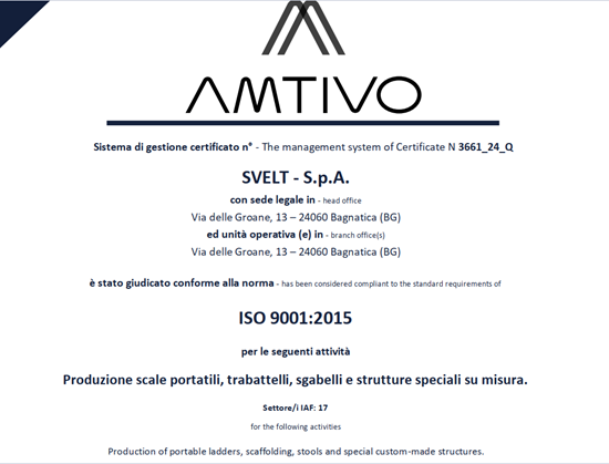 Certificazione UNI EN ISO 9001: un nuovo traguardo per SVELT SPA