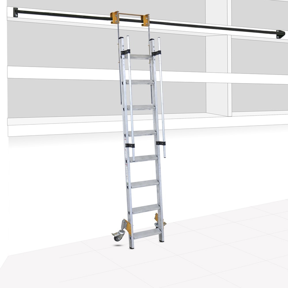 SF2 SCALA SCORREVOLE PER LIBRERIA CON MONTANTI VERNICIATI ARGENTO, GRADINI  IN ALLUMINIO GREZZO E MANCORRENTI - Scale DC Produzione e Vendita Scale